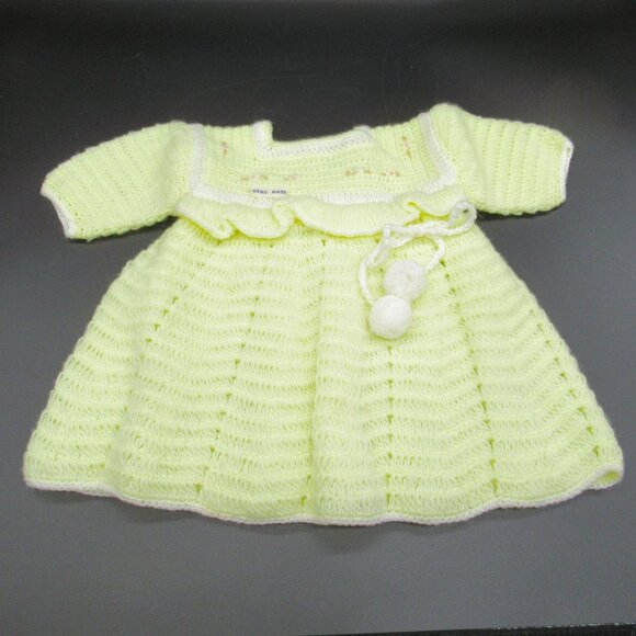 Hand Knit Baby Doll Dress With Pom-Poms & Ruffled Trim - Picture 3 of 15